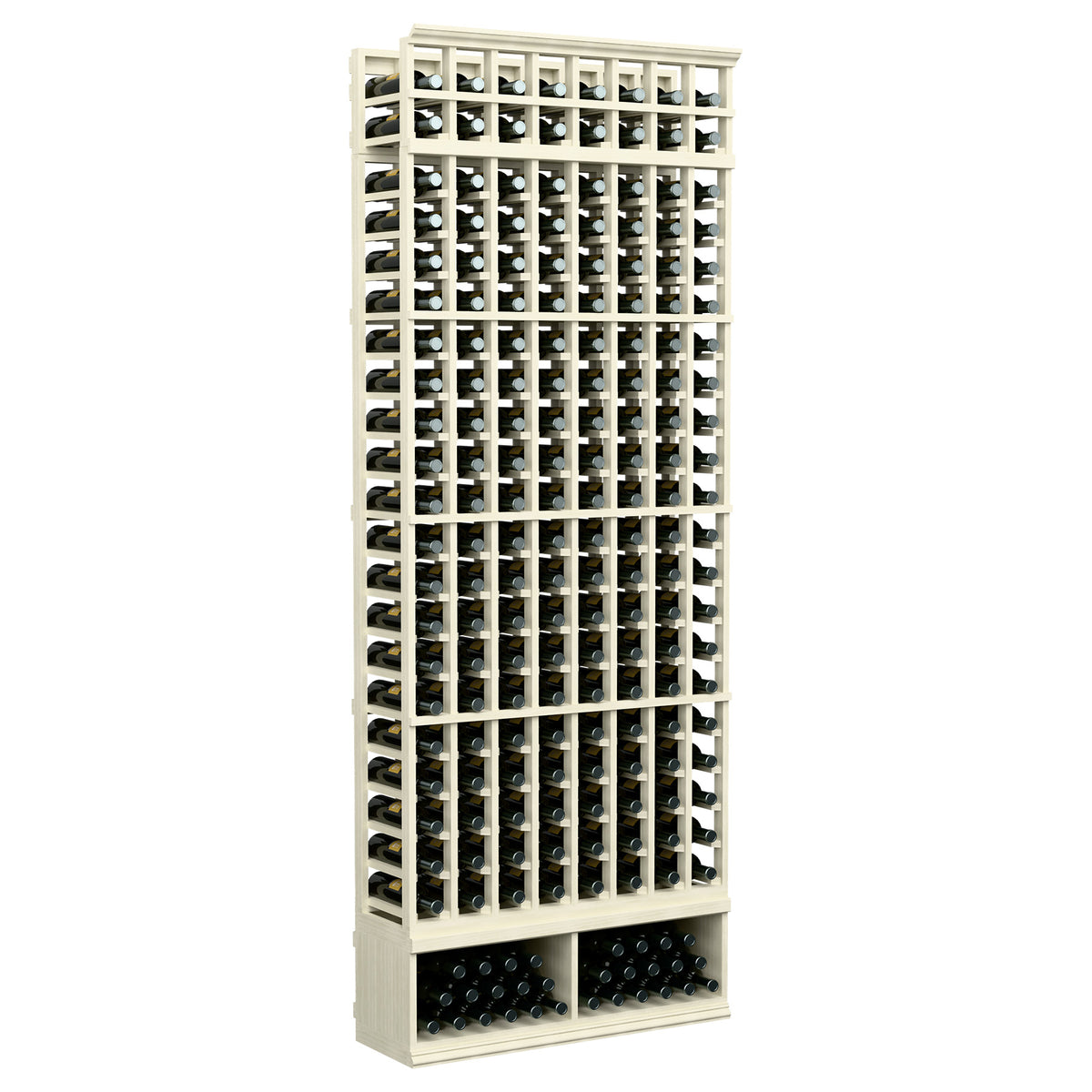 8ft wine bottle rack with 8 columns, whitewashed frame and dark metal bottle holders