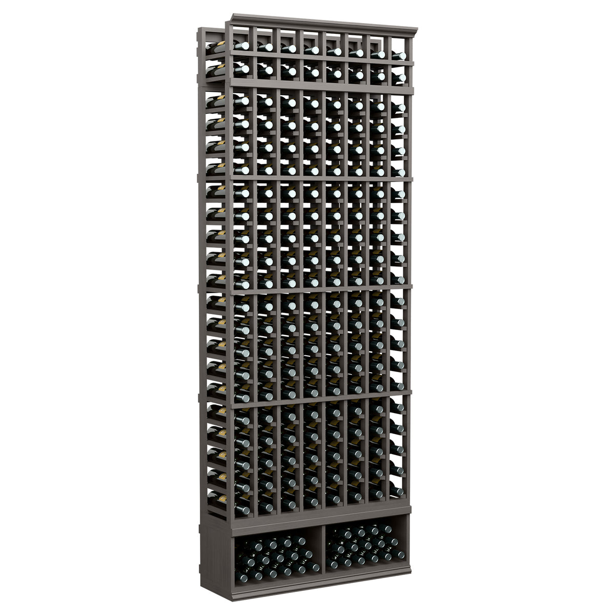 8-foot 8-column wine bottle rack with dark frame and black bottle display grid