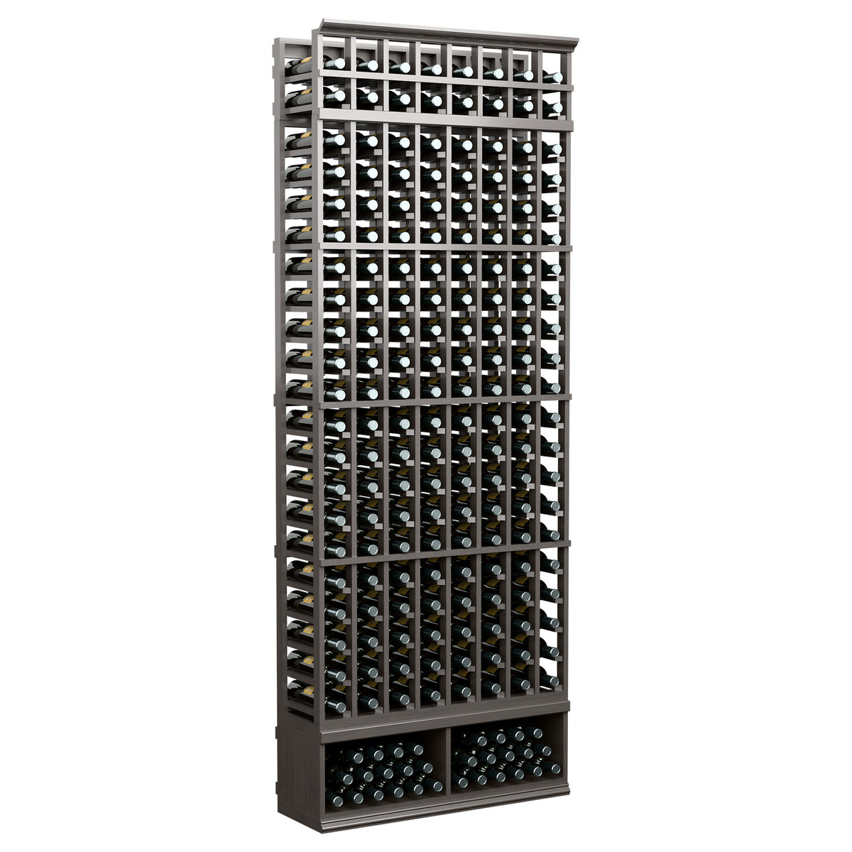 8-foot 8-column wine bottle rack with dark metal frame and bottle slots