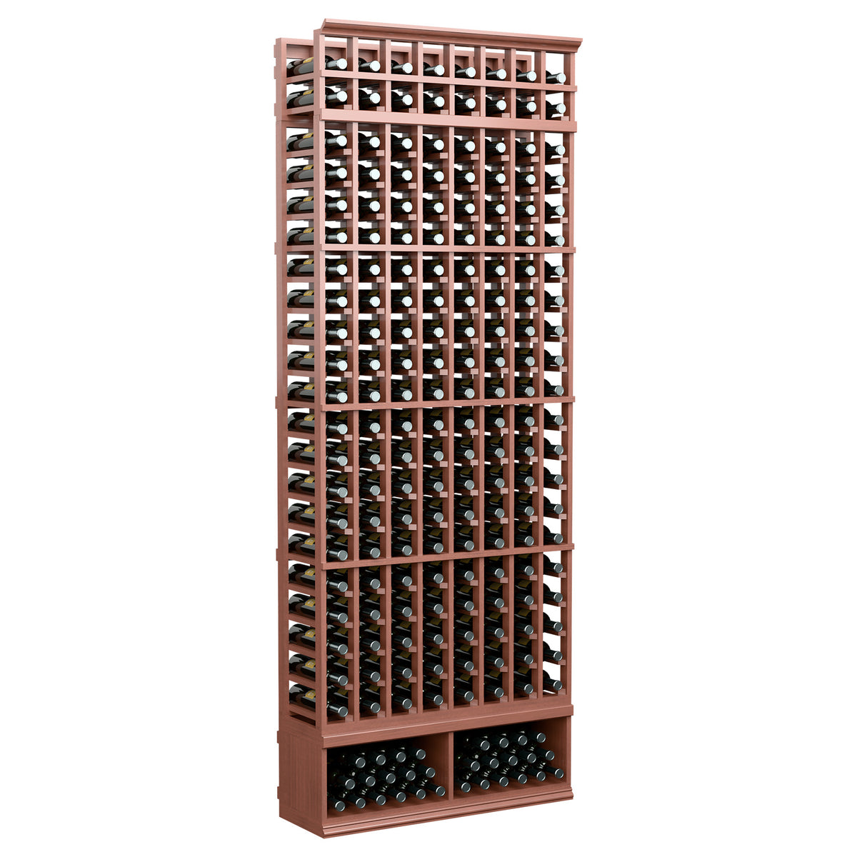 8-foot 8-column wine bottle rack with red-brown frame and cork bottle holders