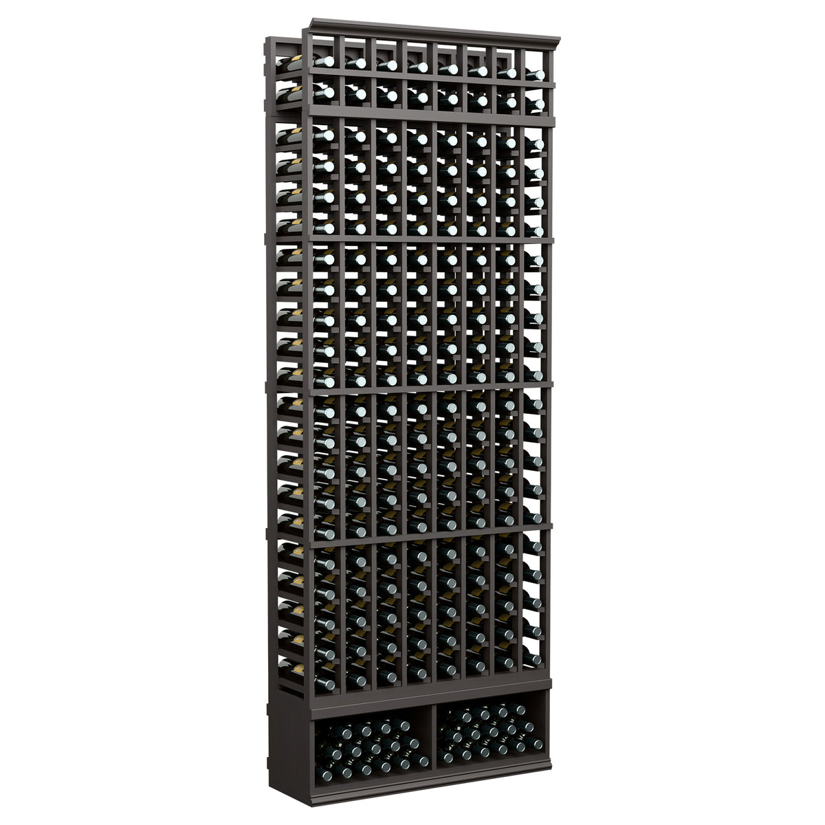 8-foot 8-column wine bottle rack with dark frame and filled bottle slots