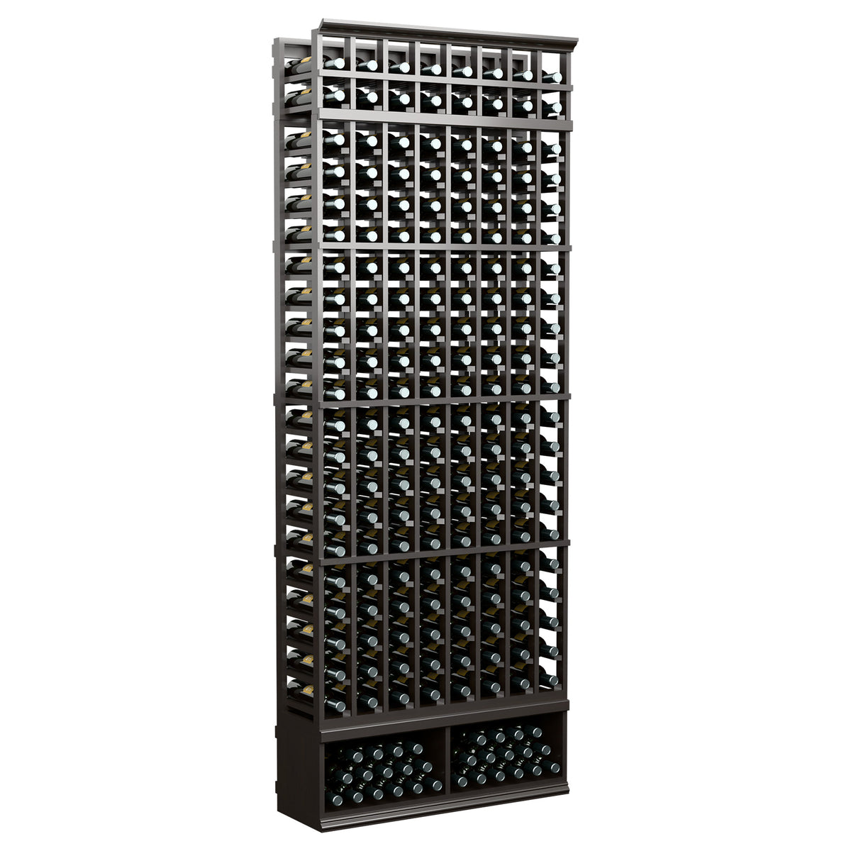 8-foot 8-column wine bottle rack with dark metal frame and bottle storage grid