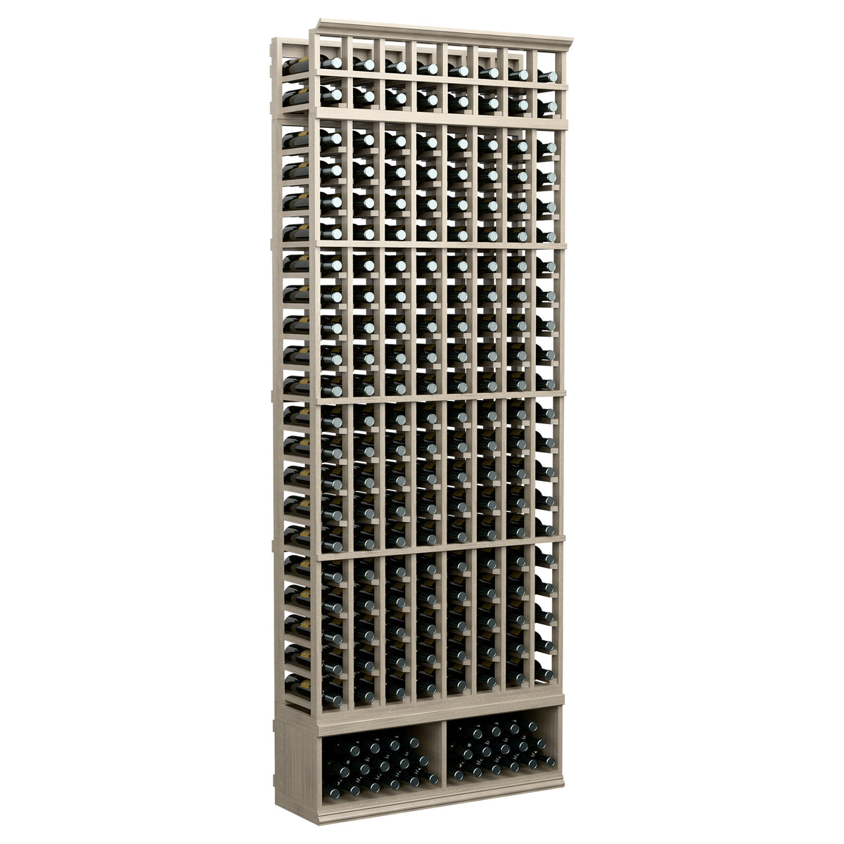 8-column wine bottle rack with light gray wood frame and dark wine bottle slots