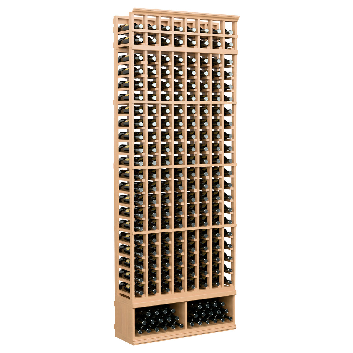 8-column wine bottle rack with pale tan frame and black wine bottle slots