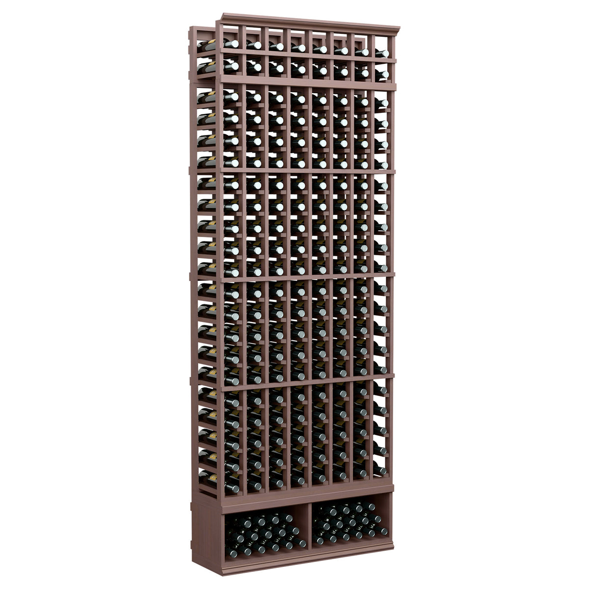 8-column wine bottle rack with dark brown frame and black wine bottle holders
