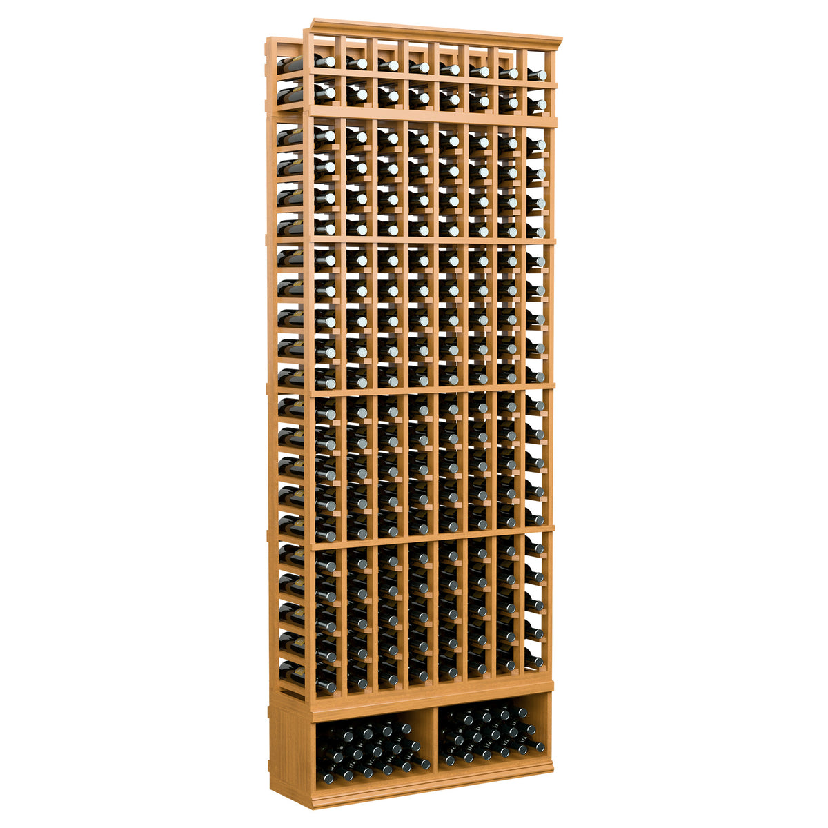8-column wine bottle rack with honey wood frame and black wine bottle slots