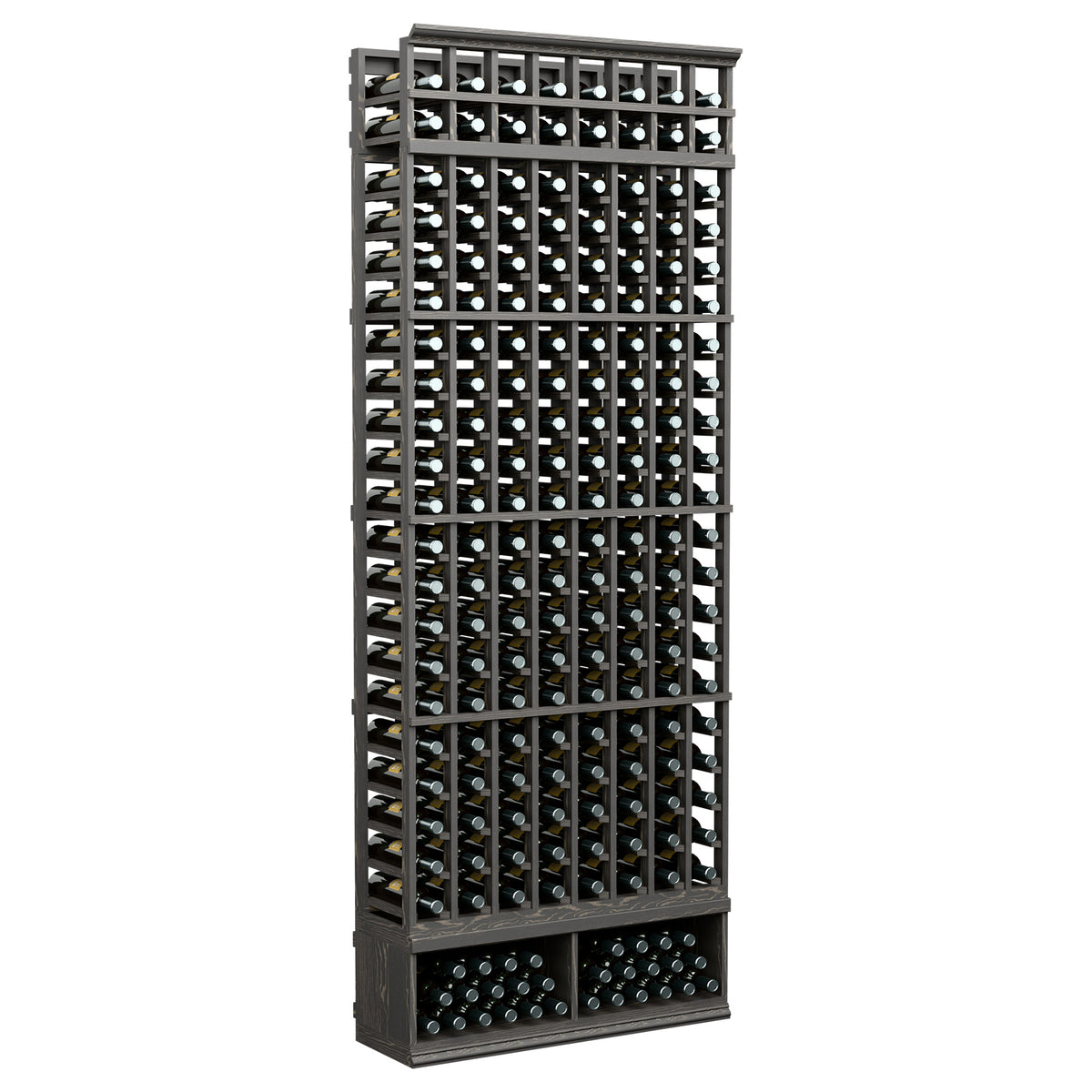 Dark wood 8-column wine bottle rack with open grid storage and 2-tier base