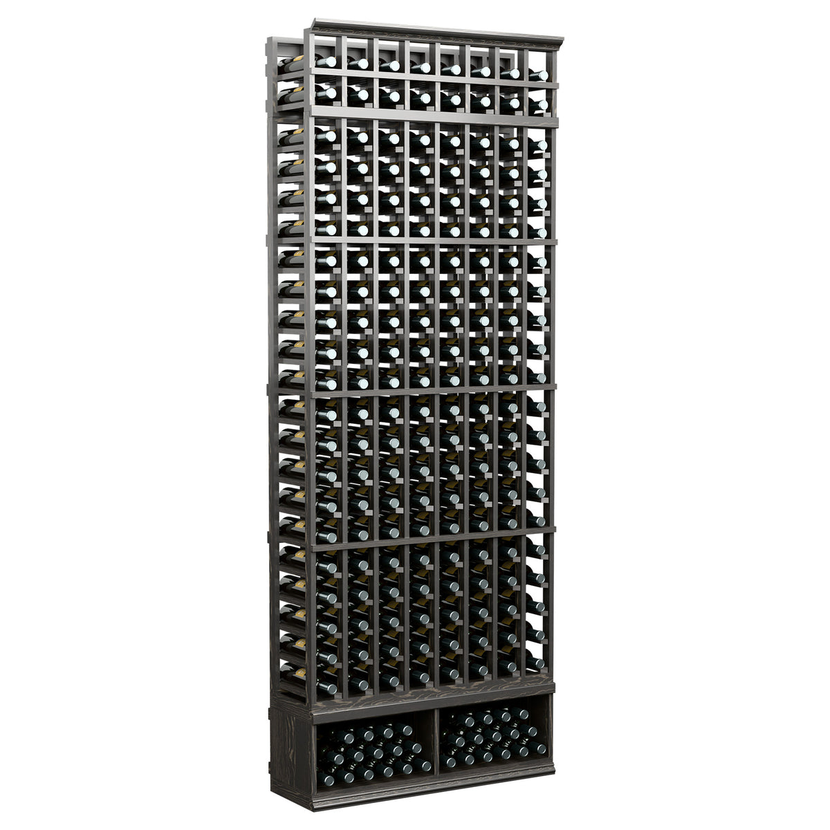 Dark wood 8-column wine bottle rack with open grid storage and 2-tier base