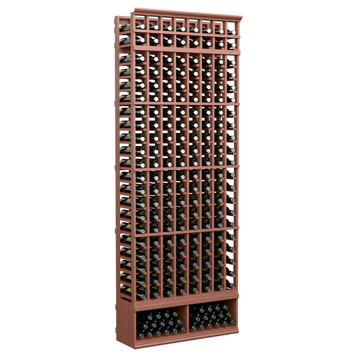 Reddish-brown wood 8-column wine bottle rack with open grid storage and 2-tier base
