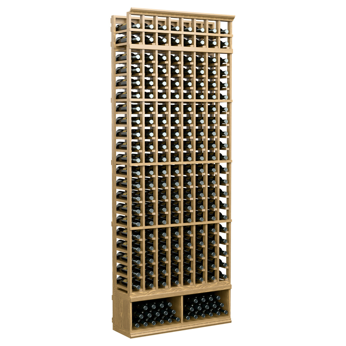 Light wood 8-column wine bottle rack with open grid storage and 2-tier base