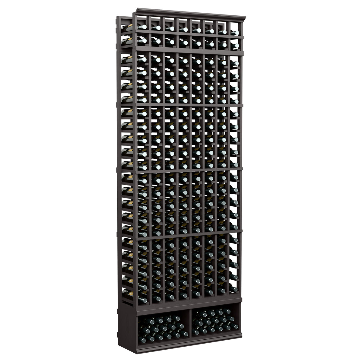 Dark wood 8-column wine bottle rack with open grid storage and 2-tier base