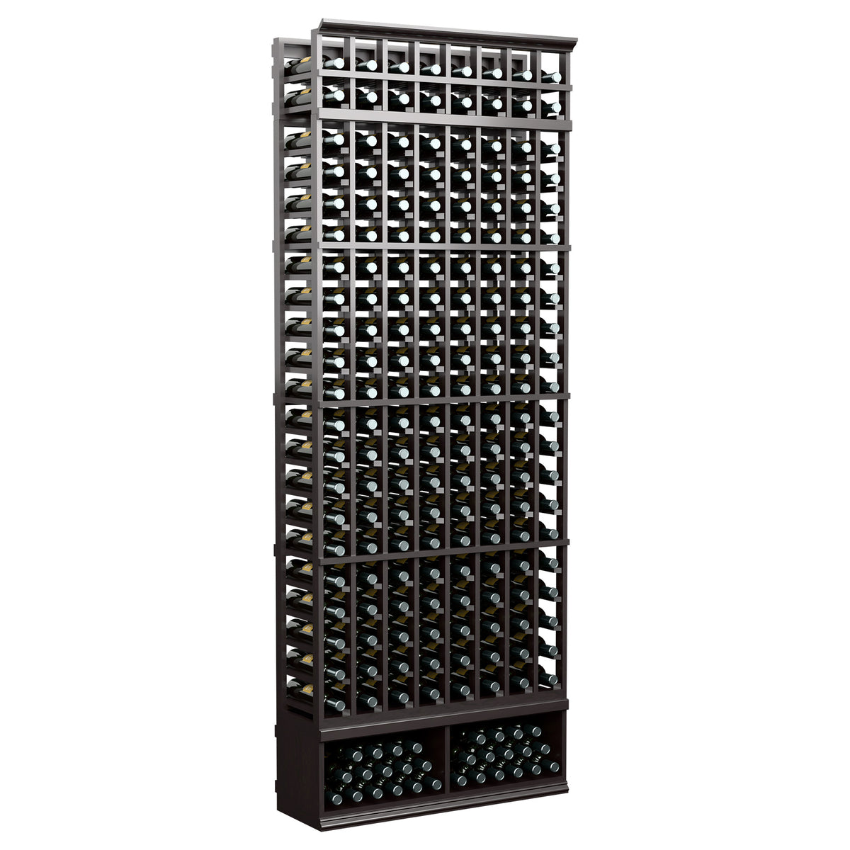 Dark wood 8-column wine bottle rack with open grid storage and 2-tier base