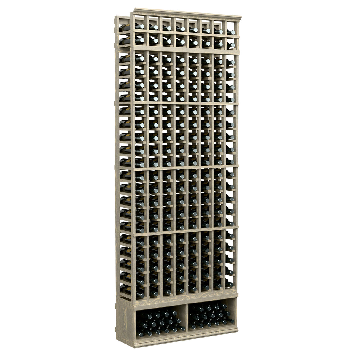 8-column wood wine bottle rack, light frame with black bottle supports; front view.