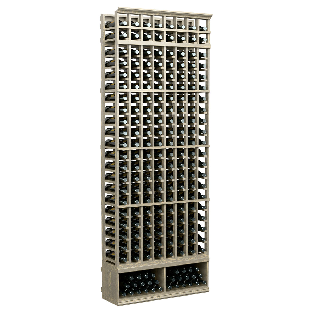 8-column wood wine bottle rack, light frame with black bottle supports; front view.