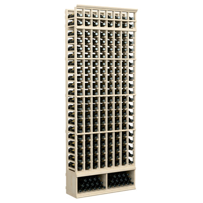 8-column wood wine bottle rack, pale frame with black bottle supports; front view.