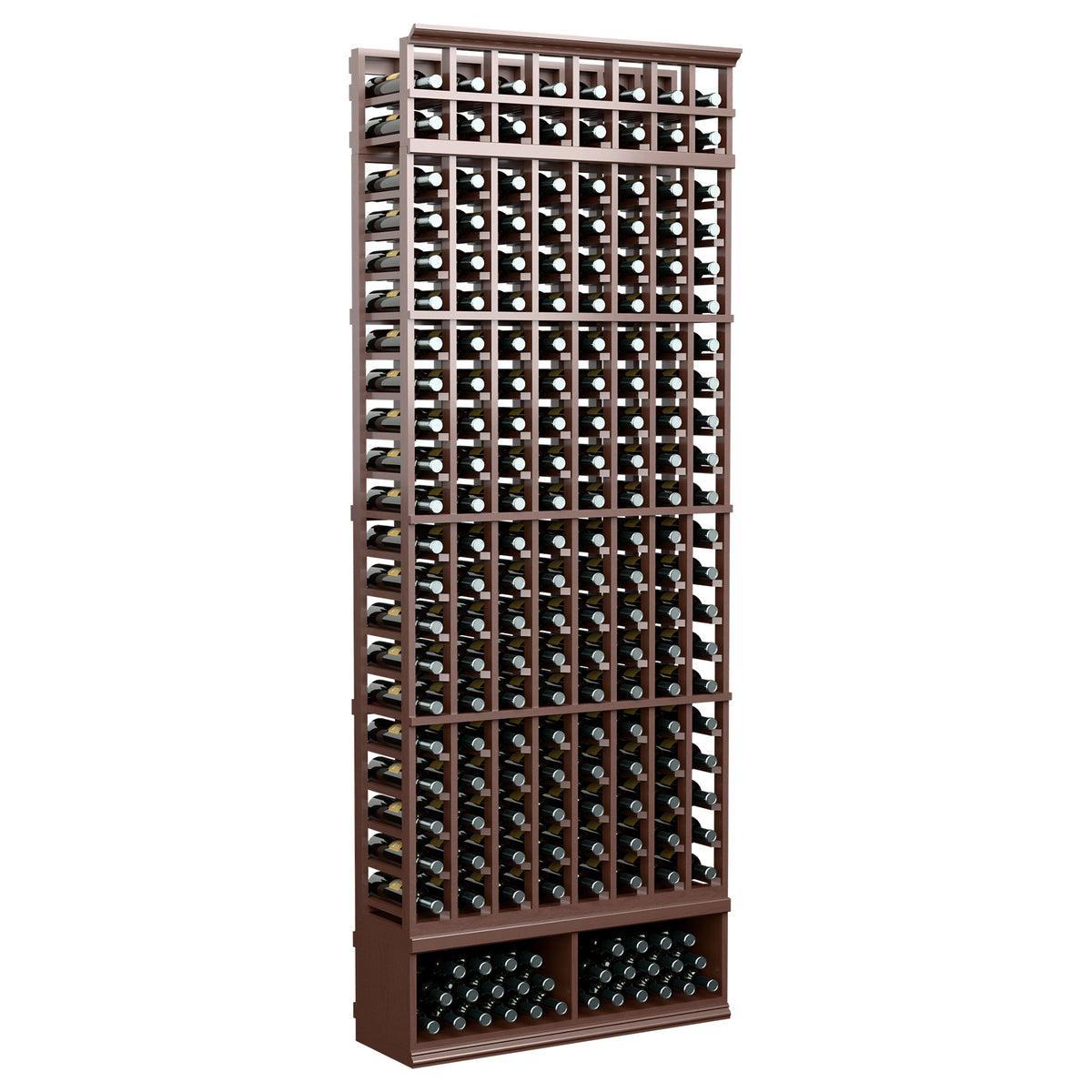 8-column wood wine bottle rack, dark brown frame with black bottle supports; front view.