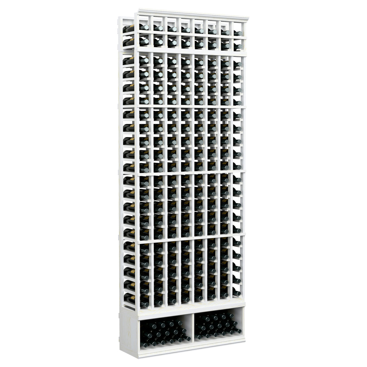 8-column wood wine bottle rack, white frame with black bottle supports; front view.
