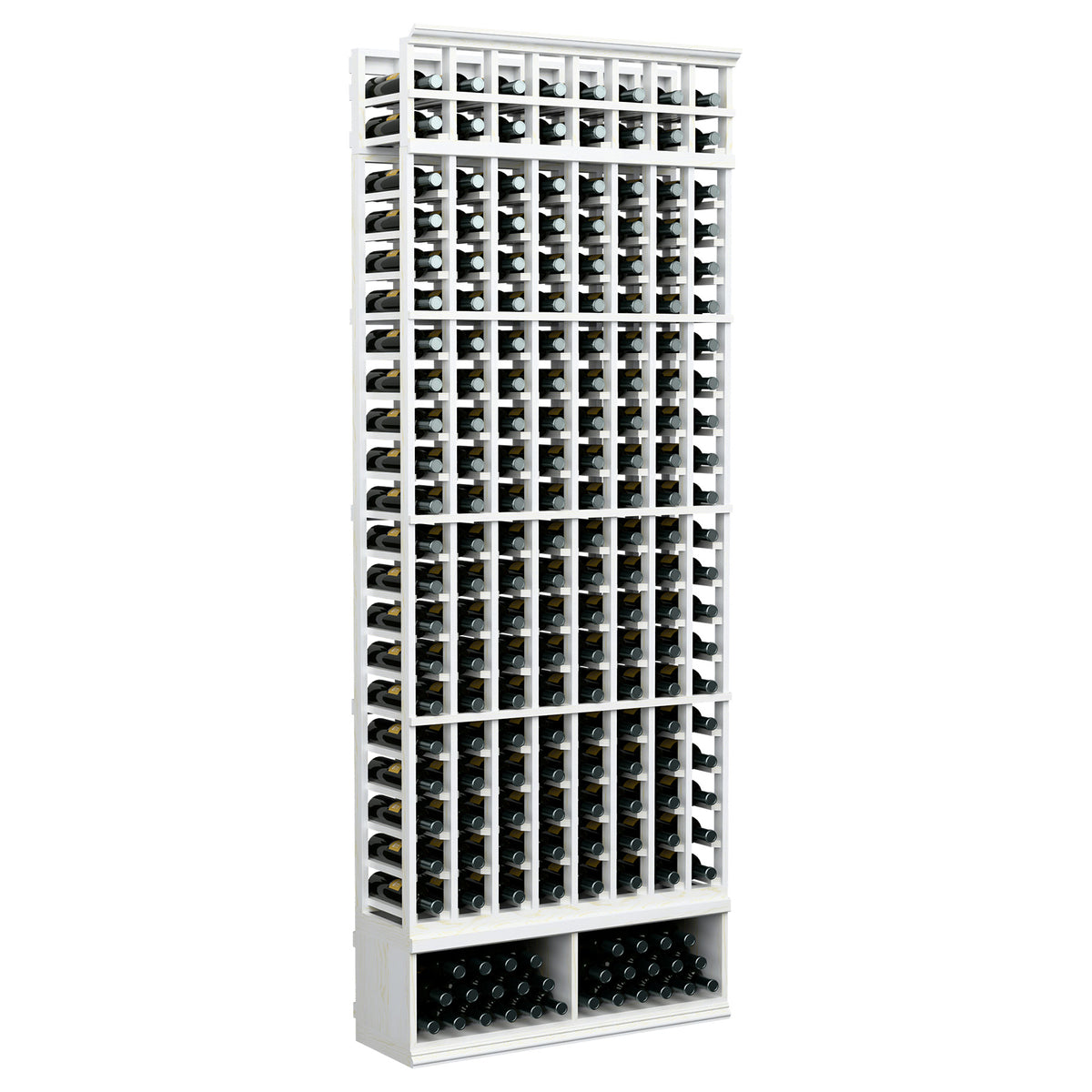 8-column wood wine bottle rack, white frame with black bottle supports; front view.