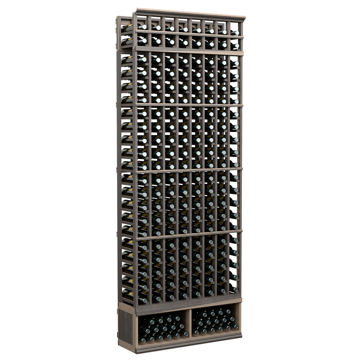 8-foot wine bottle rack with black frame, front view, holds bottles in 8 columns