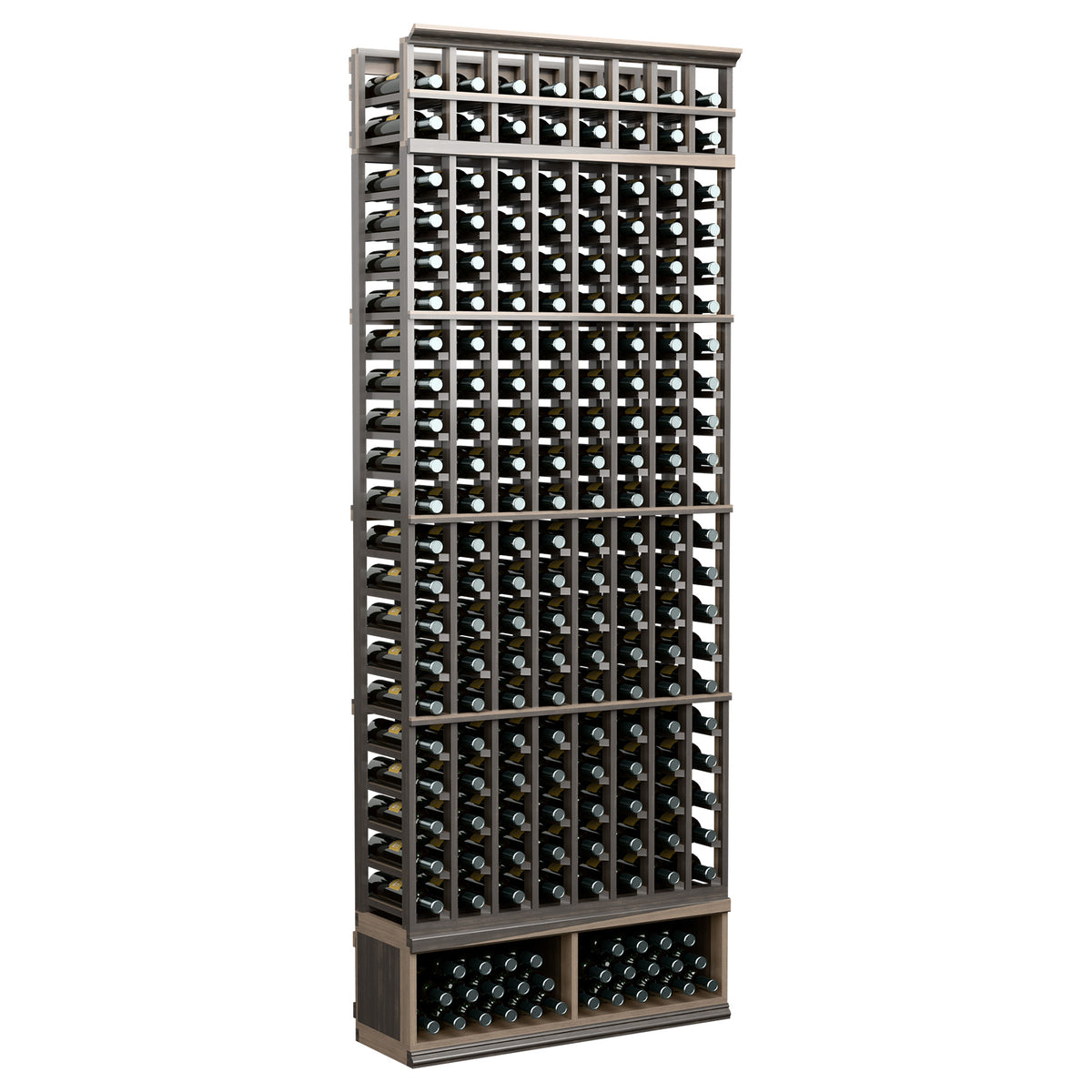 8-foot wine bottle rack with black frame, front three-quarter view, holds bottles in 8 columns