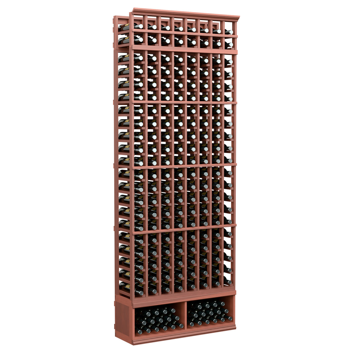 8-foot wine bottle rack with reddish-brown frame, front view, holds bottles in 8 columns