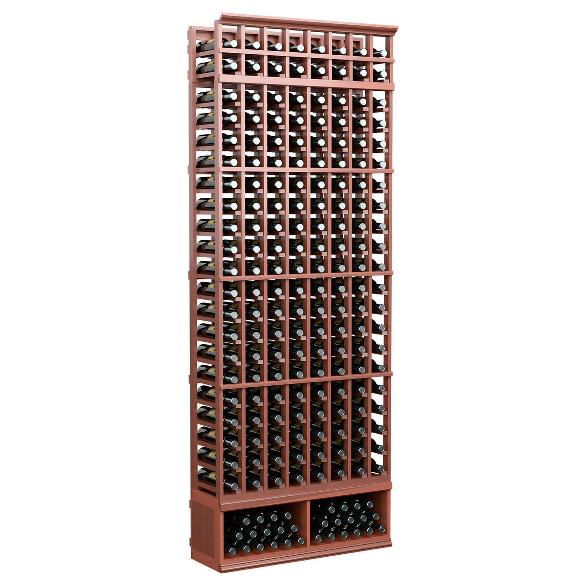 8-foot wine bottle rack with reddish-brown frame, front three-quarter view, holds bottles in 8 columns