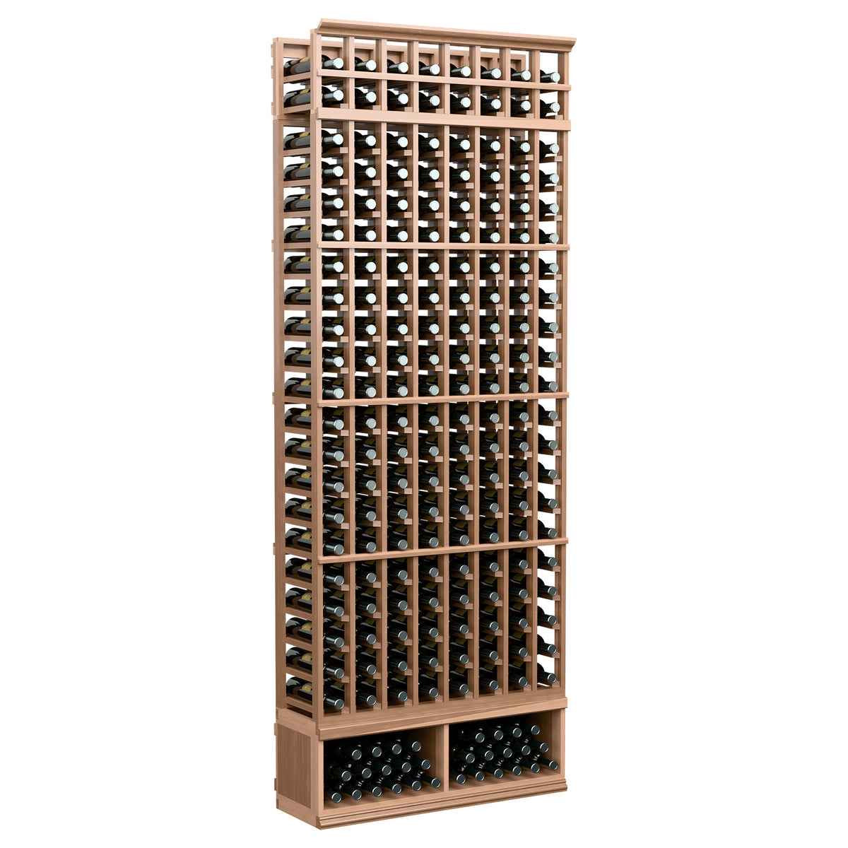 8-foot wine bottle rack with light wood frame, front three-quarter view, holds bottles in 8 columns