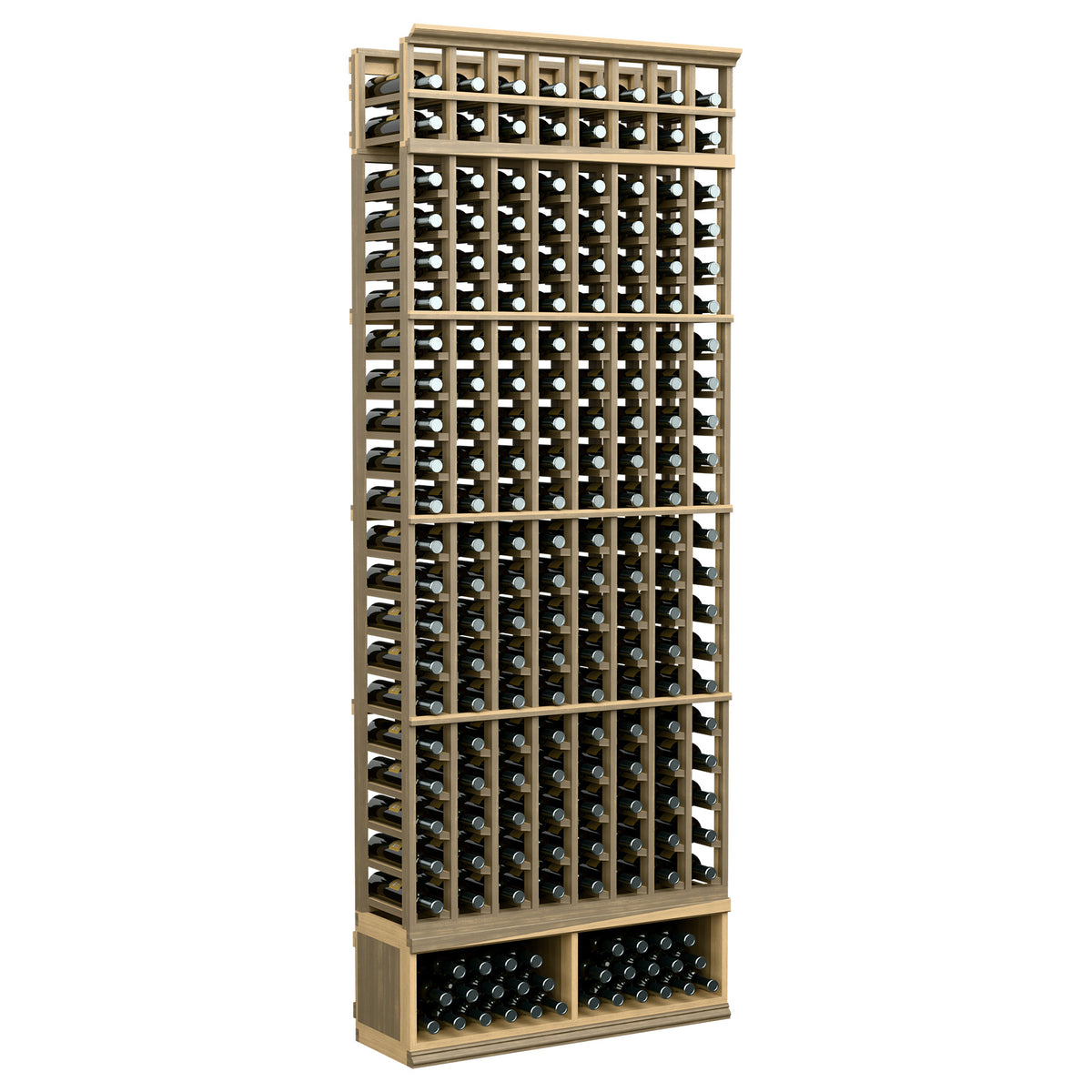 8-foot wine bottle rack with tan frame, front view, holds bottles in 8 columns
