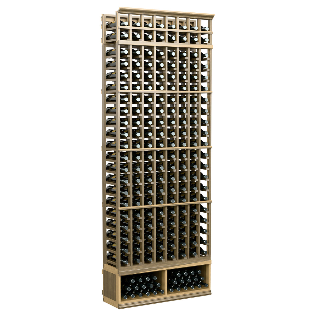 8-foot wine bottle rack with tan frame, front three-quarter view, holds bottles in 8 columns