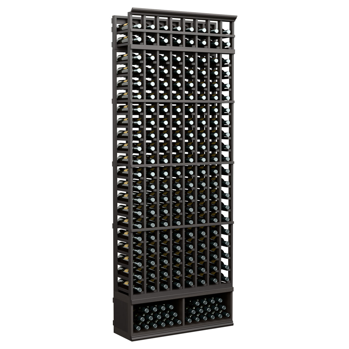 8-foot wine bottle rack with dark frame, front view, holds bottles in 8 columns