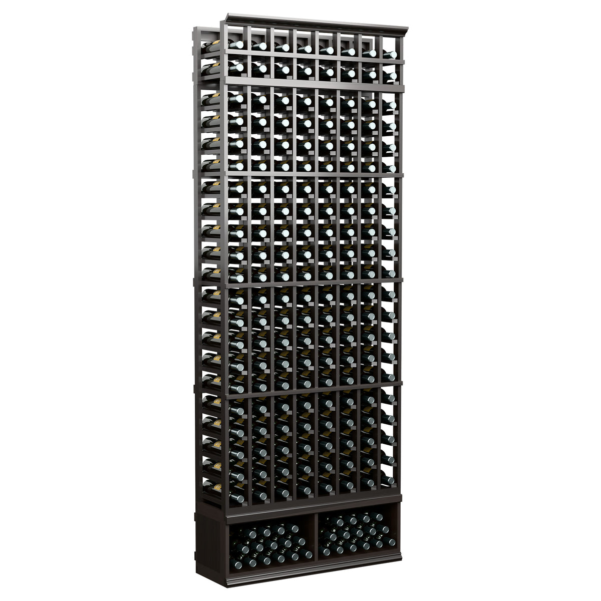 8-foot wine bottle rack with dark frame, front three-quarter view, holds bottles in 8 columns