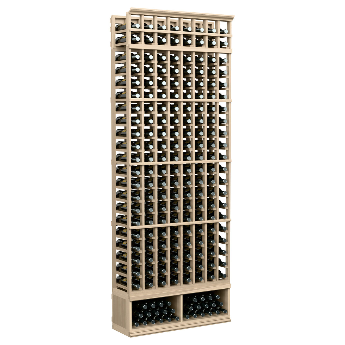 8-column wine rack with light wood frame, vertical bottle slots and front base cradles