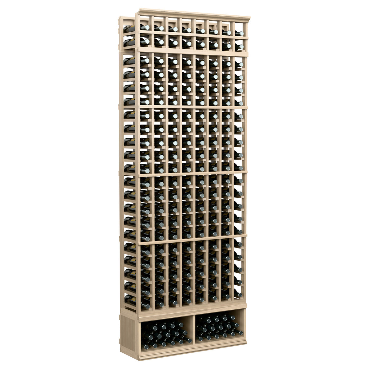 8-column wine rack with light wood frame and vertical bottle slots with a front storage row