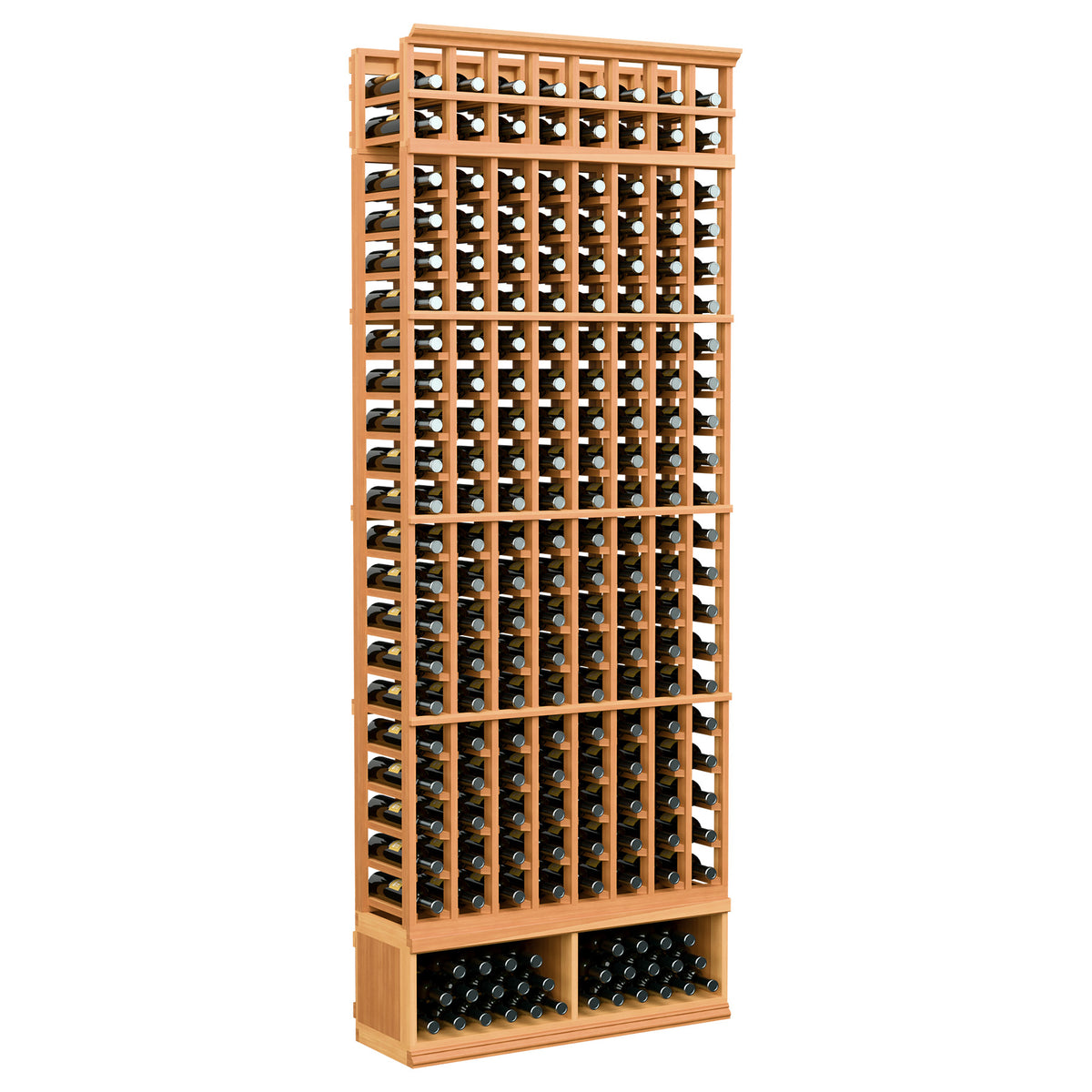 8-column wine rack with warm wood frame, vertical bottle slots and front bottle cradle