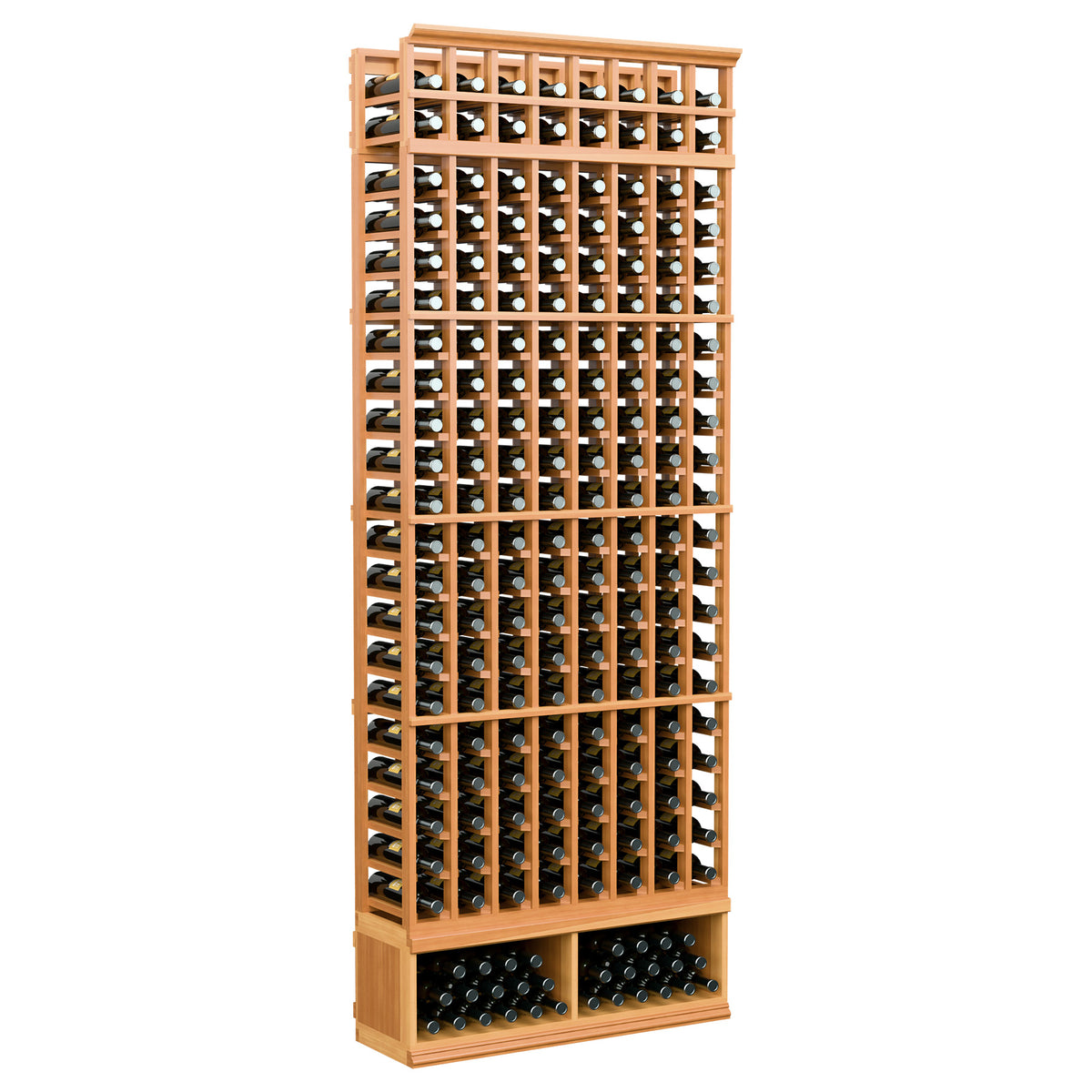 8-column wine rack with warm wood frame, vertical bottle slots and bottom front bottle row