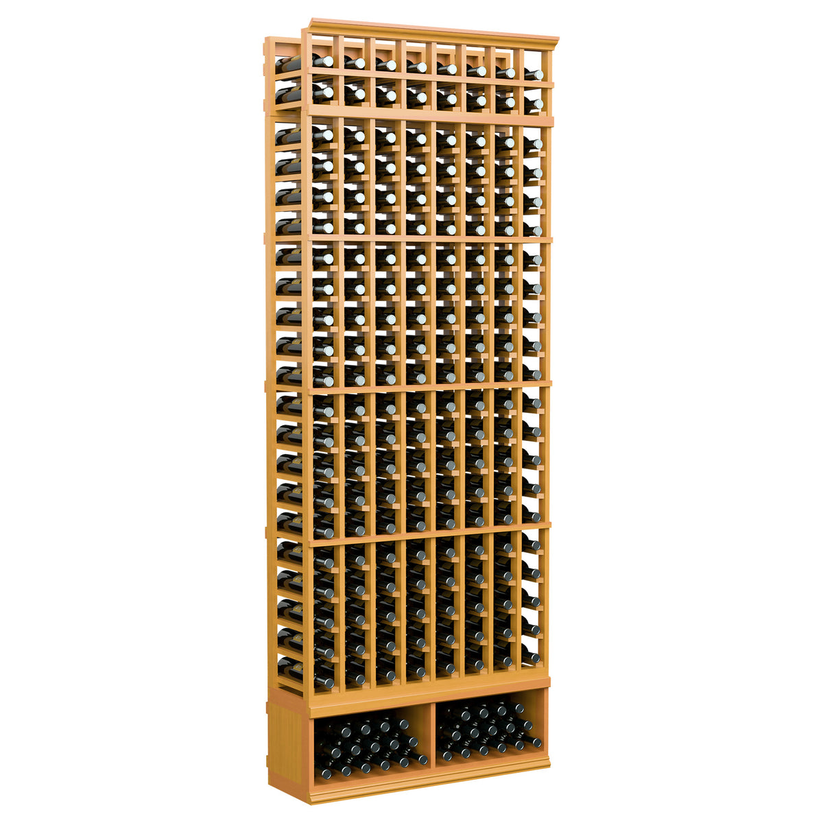 8-column wine rack with golden wood frame and vertical bottle slots with front cradle section