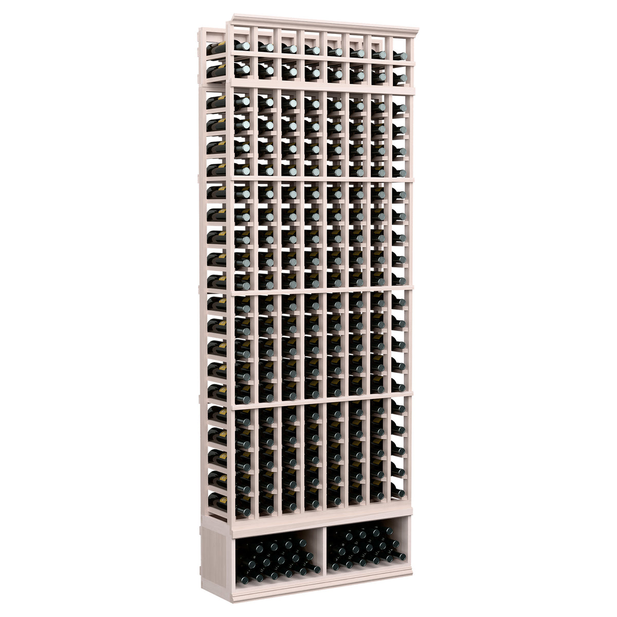 8-column wine rack with light wood frame, dense vertical bottle slots and front base cradles