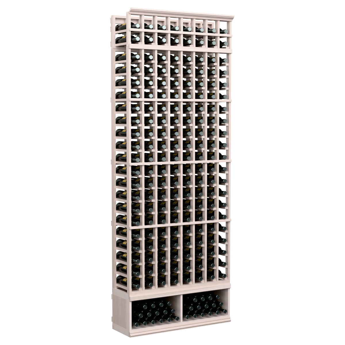 8-column wine rack with light wood frame and vertical bottle slots with a lower front storage row