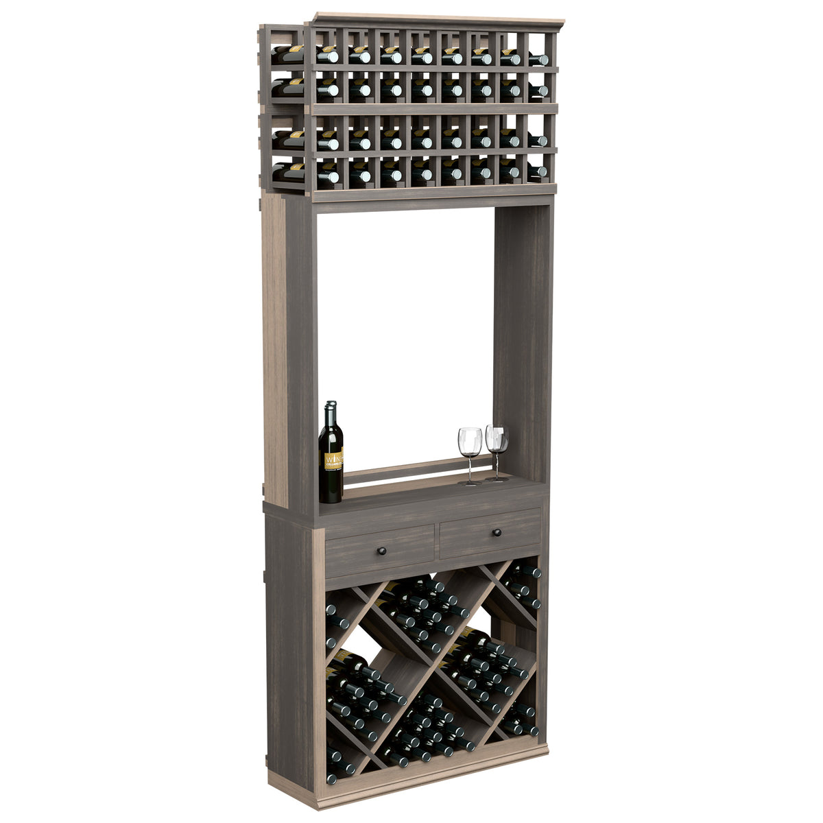 Wine tasting station cabinet with glass rack, bottle stand, and drawer, gray wood
