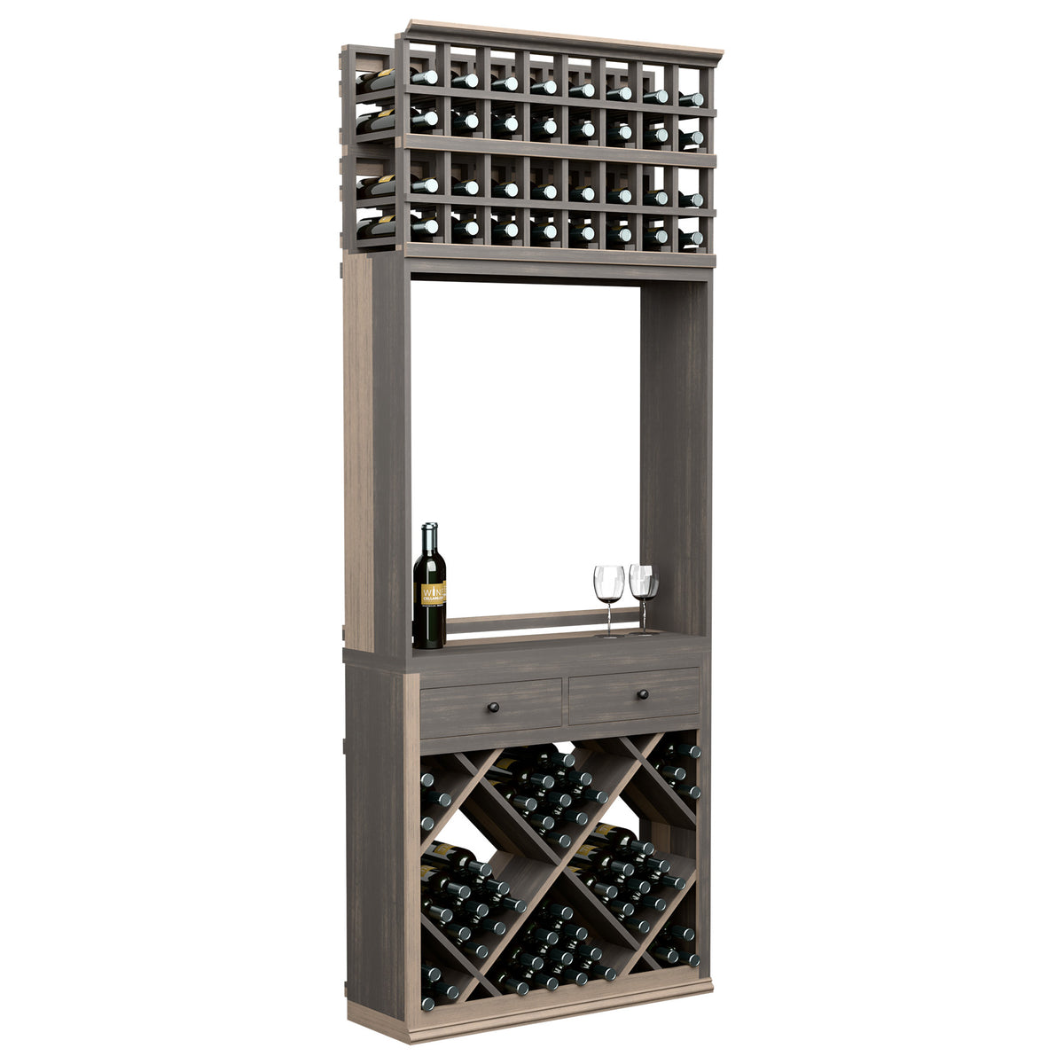 Wine tasting station with wine bottle cubby shelves, drawer, and glass holder, gray finish