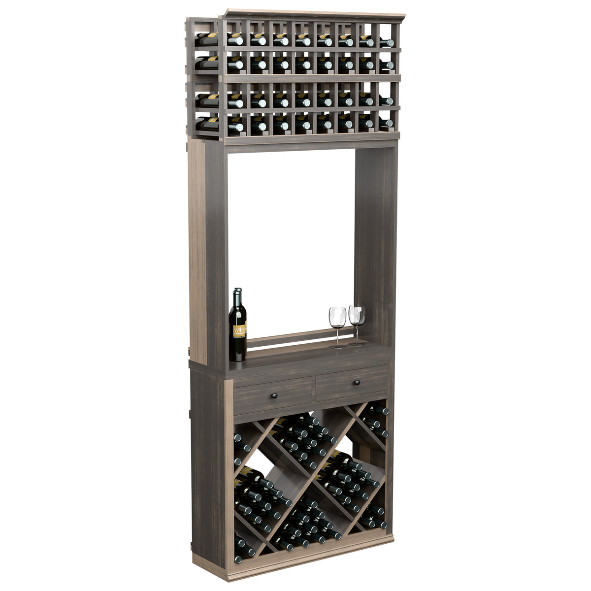 Wine tasting station cabinet with built-in wine storage rows and glass rack, gray wood