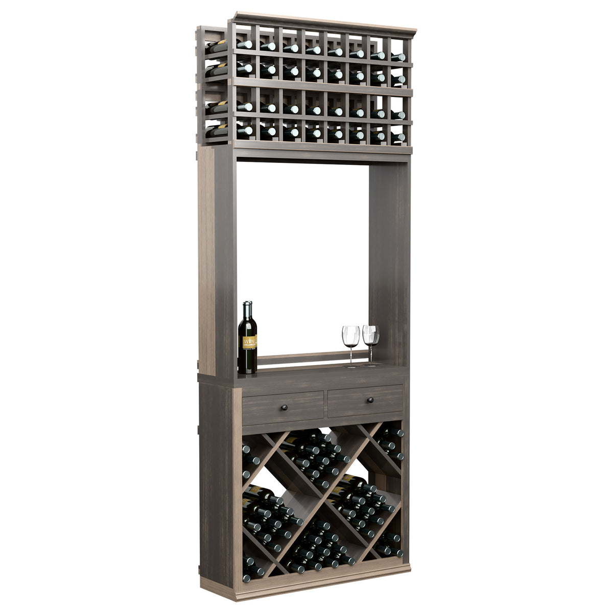 Wine tasting station with bottle cubbies, two-drawer storage, and glass rack, gray wood