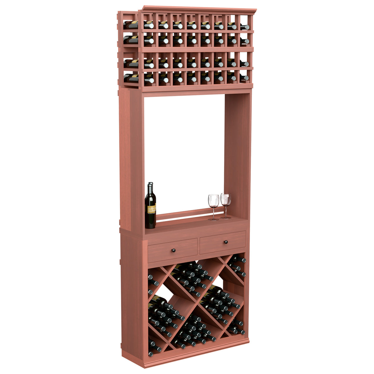 Wine tasting station cabinet with wine bottle racks, drawer, and glass holder, red wood