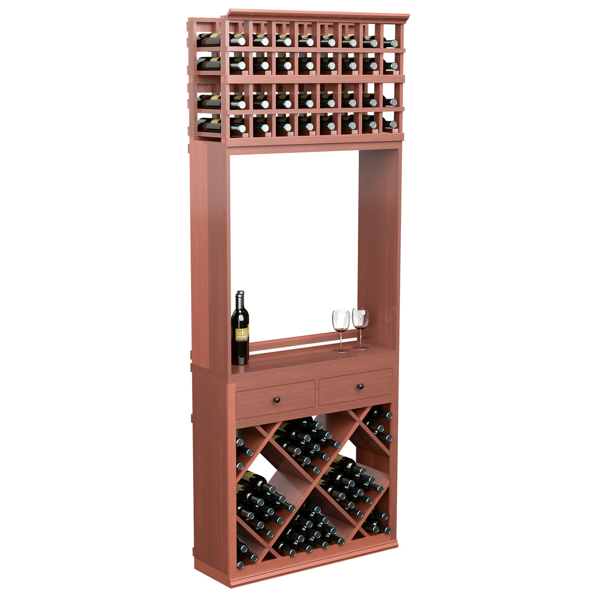Wine tasting station cabinet with front wine bottle cubbies, drawer, and glass holder, red wood