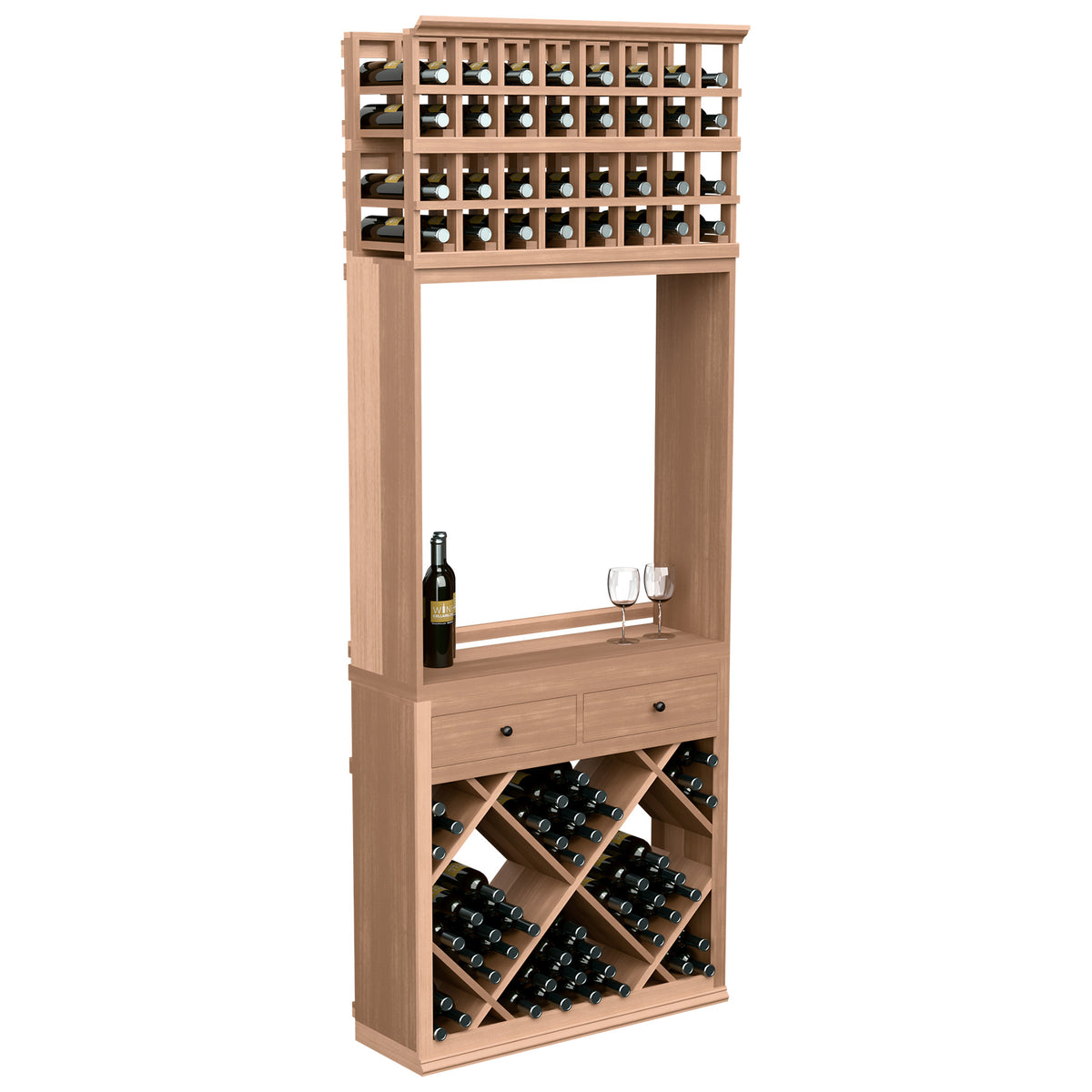 Wine tasting station cabinet with bottle storage cubbies, drawer, and glass rack, light wood
