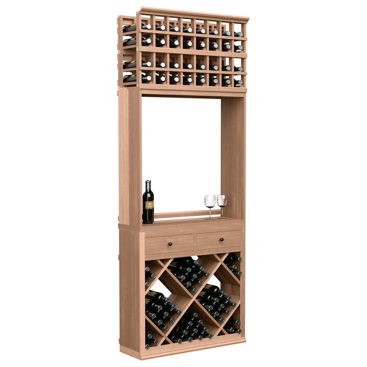 Wine tasting station with wine bottle racks, drawer, and glass holder, light wood finish