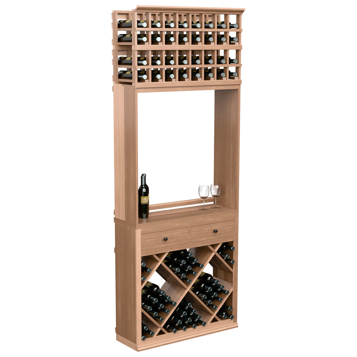 Light wood wine tasting station cabinet with diamond bottle racks, drawers, glass holder