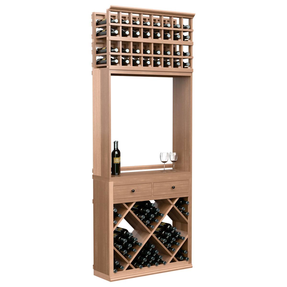 Light wood wine tasting station cabinet with open service shelf, drawers, bottle racks