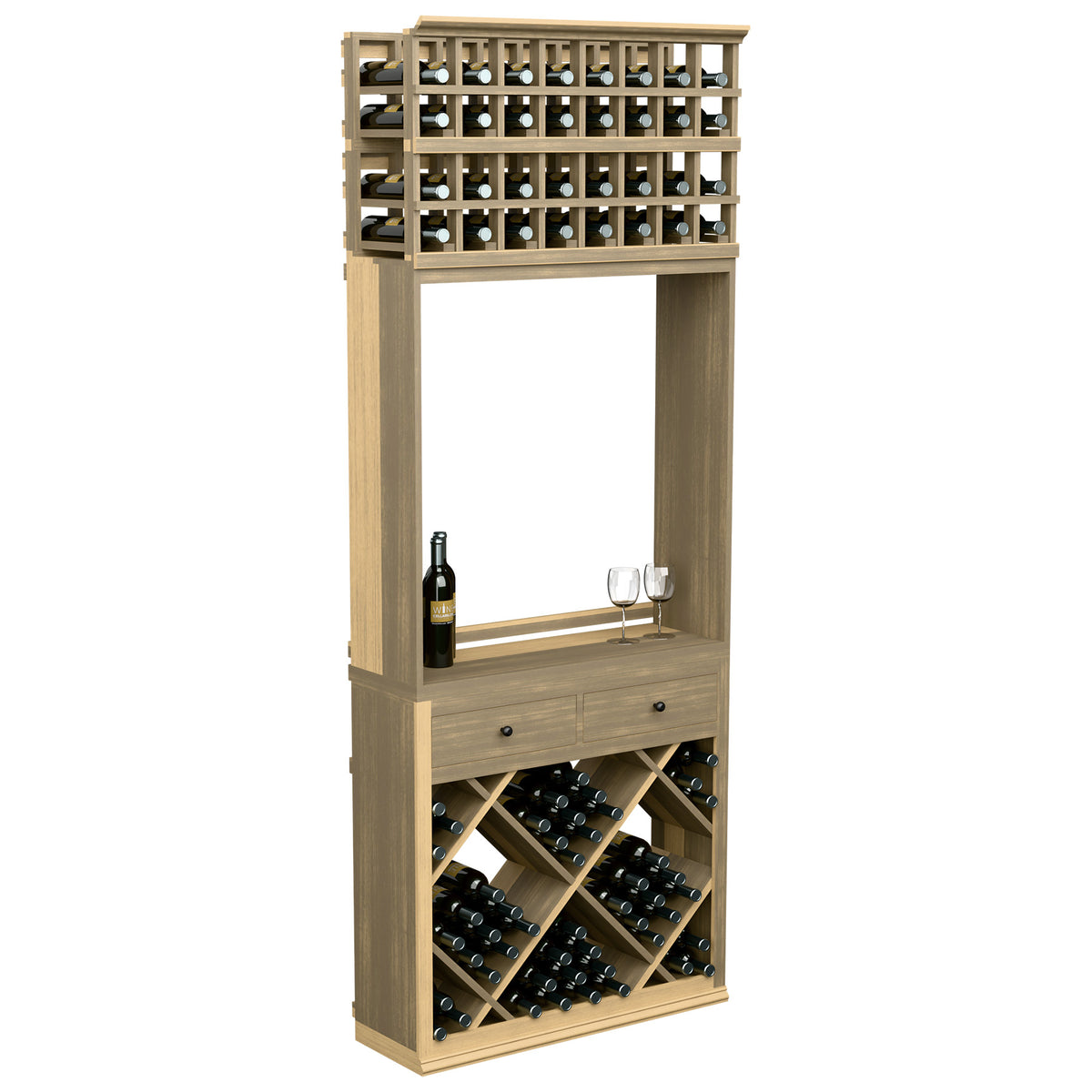 Light wood wine tasting station with diamond bottle storage, two drawers, glass rack