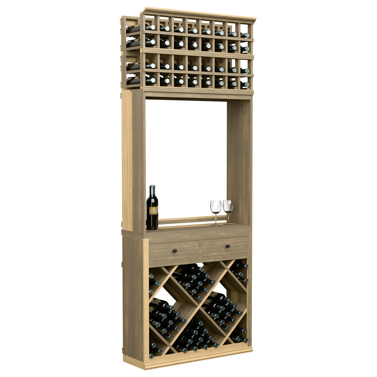 Light wood wine tasting station cabinet with open middle shelf, bottle cubby, drawers